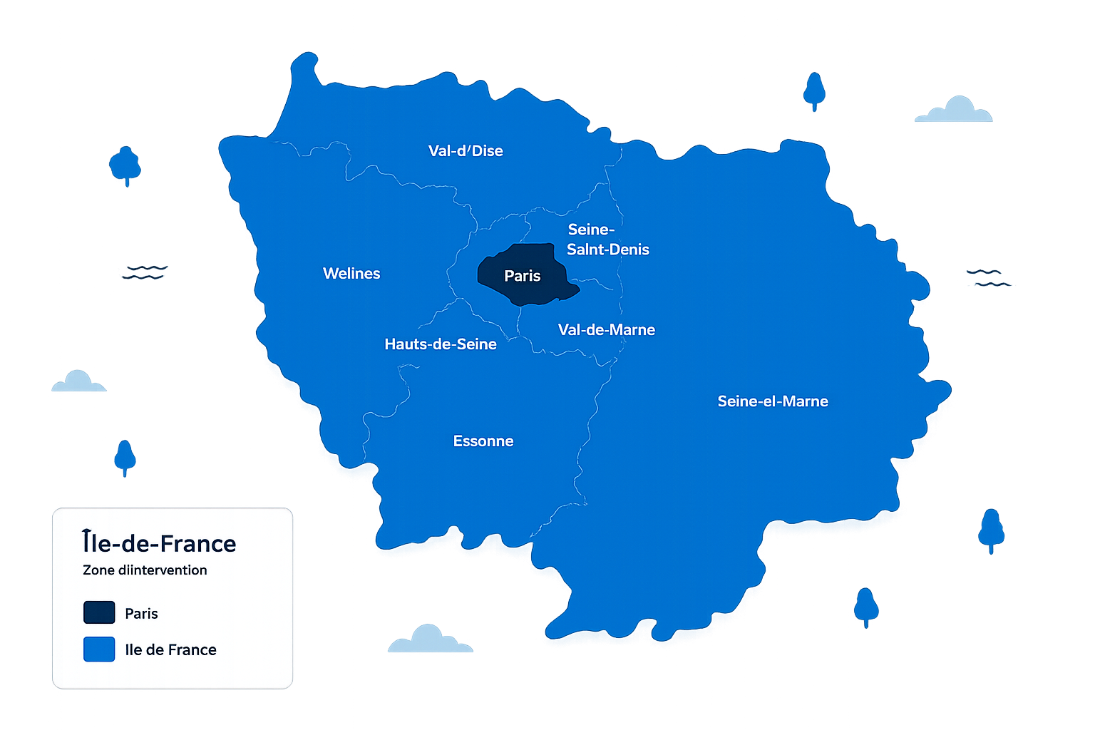 Carte flat design de l'Île-de-France et des zones d'intervention de R.G. BAT
